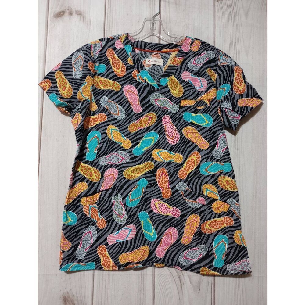 White Cross‎ Scrub Top Ladies Medium Animal Print Flip Flop